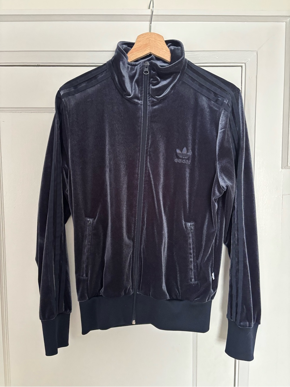 adidas women’s blue Velour Track Jacket with Signature Stripes